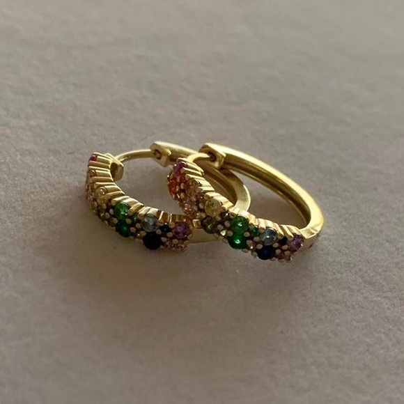 925 Sterling Silver Gold-Tone Rainbow Bedazzled Rhinestone Mini Huggie Hoops - Picture 2 of 8